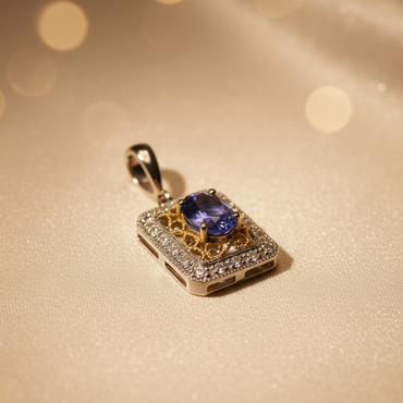 18K White Gold Tanzanite & Diamond Rectangular Halo Pendant - Front View