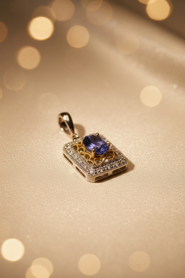 18K White Gold Tanzanite & Diamond Rectangular Halo Pendant - Front View