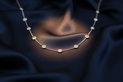 18K White Gold Diamond Bezel Station Necklace on midnight blue silk backdrop editorial marketing image