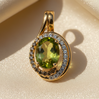 14K Yellow Gold Oval Peridot, Smoky Quartz & Diamond Bypass Pendant - Macro View
