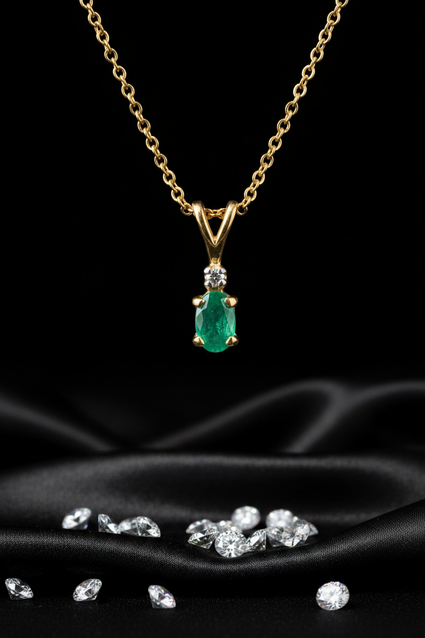 14K Yellow Gold Oval Emerald Diamond Accent Pendant - Front Close-Up