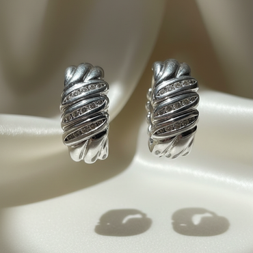 14K White Gold Diamond Swirl Dome Hoop Earrings – Front View