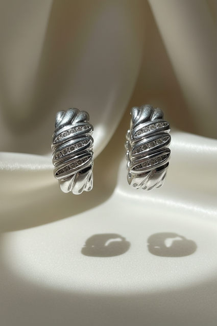 14K White Gold Diamond Swirl Dome Hoop Earrings – Front View