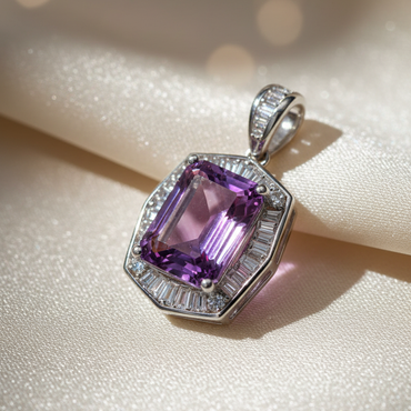 14K White Gold Emerald-Cut Amethyst and Diamond Halo Pendant - angled view on cream satin