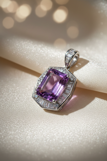 14K White Gold Emerald-Cut Amethyst and Diamond Halo Pendant - angled view on cream satin