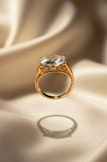 14K Yellow Gold East-West White Topaz Ring – Underside Filigree View