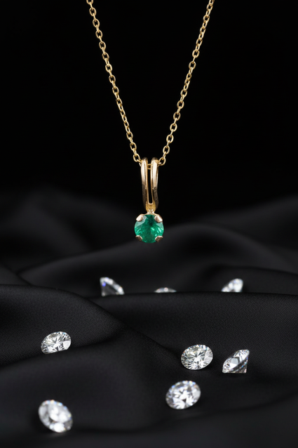10K Yellow Gold Round Emerald Solitaire Pendant - Full View