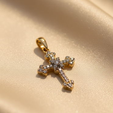 10K yellow gold natural diamond ornate trefoil cross pendant with round brilliant pavé diamonds, angle 1
