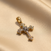 10K yellow gold natural diamond ornate trefoil cross pendant with round brilliant pavé diamonds, angle 1