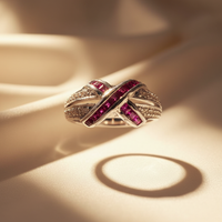 14K White Gold Ruby & Diamond Crossover Ring - Front View