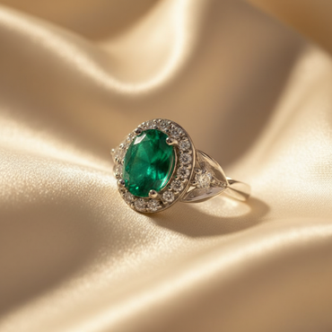 14K White Gold Oval Emerald & Diamond Halo Ring - editorial three quarter