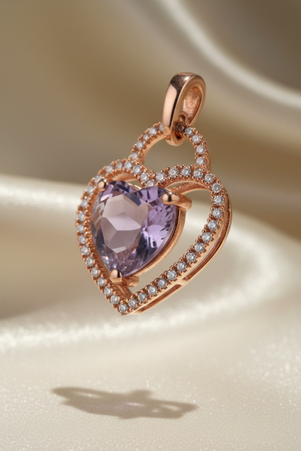 10K Rose Gold Heart Amethyst & Diamond Double Halo Pendant - three-quarter angle