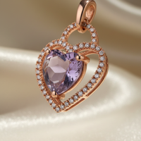 10K Rose Gold Heart Amethyst & Diamond Double Halo Pendant - three-quarter angle