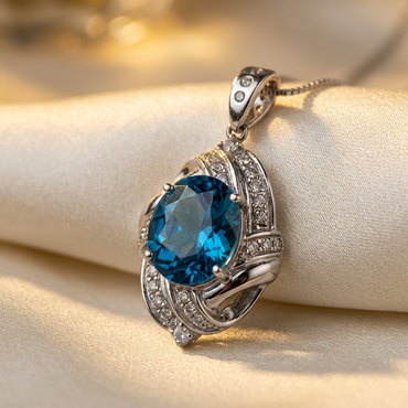 Platinum Swiss blue topaz and diamond pendant, front view on cream satin