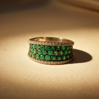14K White Gold Emerald & Diamond Wide Pavé Band - editorial three quarter