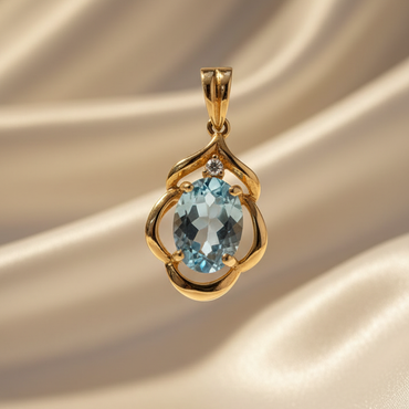 14K Yellow Gold Aquamarine & Diamond Swirl Pendant – Front View