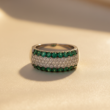 14K White Gold Emerald & Diamond Wide Dome Band - editorial low angle