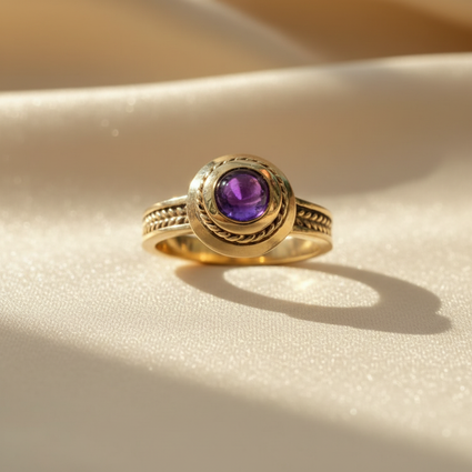 14K Yellow Gold Cabochon Amethyst Rope Halo Wheat Band Ring — Front View