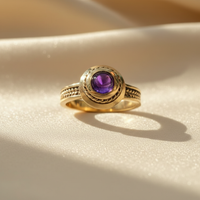 14K Yellow Gold Cabochon Amethyst Rope Halo Wheat Band Ring — Front View