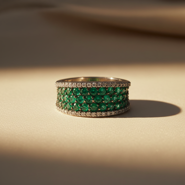 14K White Gold Emerald & Diamond Wide Pavé Band - editorial front elevated