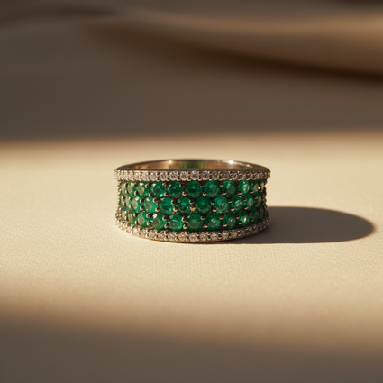14K White Gold Emerald & Diamond Wide Pavé Band - editorial front elevated