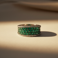 14K White Gold Emerald & Diamond Wide Pavé Band - editorial front elevated