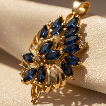 14K Yellow Gold Marquise Sapphire & Diamond Freeform Cluster Pendant – Angle View