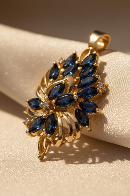 14K Yellow Gold Marquise Sapphire & Diamond Freeform Cluster Pendant – Angle View