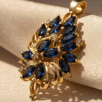 14K Yellow Gold Marquise Sapphire & Diamond Freeform Cluster Pendant – Angle View