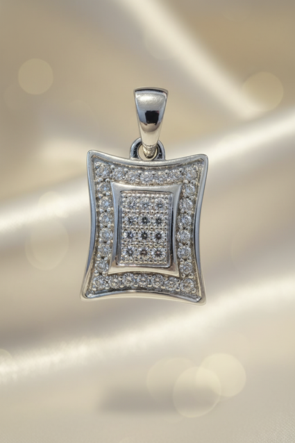 14K white gold diamond cushion shield pendant front view