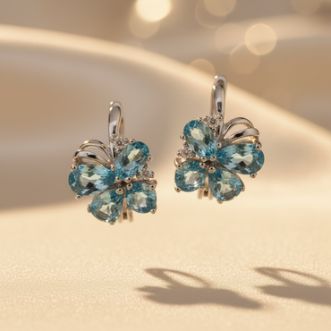 14K White Gold Blue Topaz Butterfly Earrings - Close-Up View