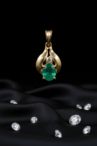 14K White Gold Oval Emerald Diamond Pendant - Full View