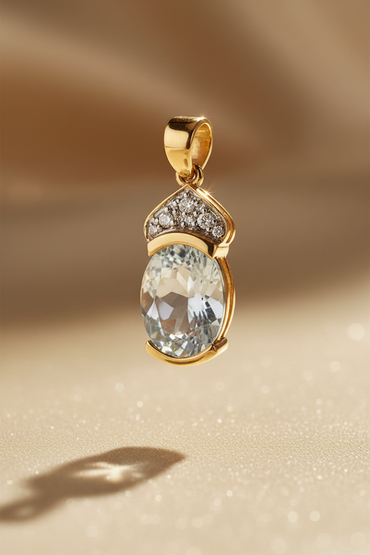 14K yellow gold .97ct aquamarine and diamond pendant, elevated angle