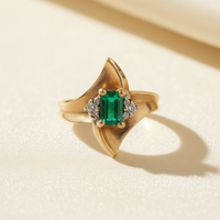 10K Yellow Gold Created Emerald-Cut Emerald & Diamond Ring - marketing image 1