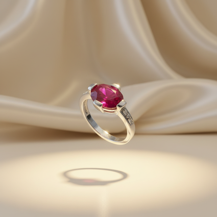14K White Gold Oval Ruby & Diamond Ring - Detail View
