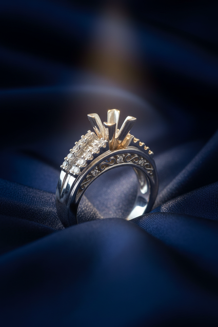 14K White Gold Princess and Baguette Cluster Diamond Semi-Mount Engagement Ring on midnight blue silk backdrop editorial marketing image