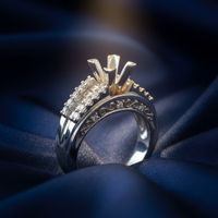 14K White Gold Princess and Baguette Cluster Diamond Semi-Mount Engagement Ring on midnight blue silk backdrop editorial marketing image