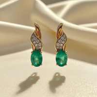 14K Yellow Gold Oval Emerald Drop Earrings with Diamond Pavé Wing - Front View