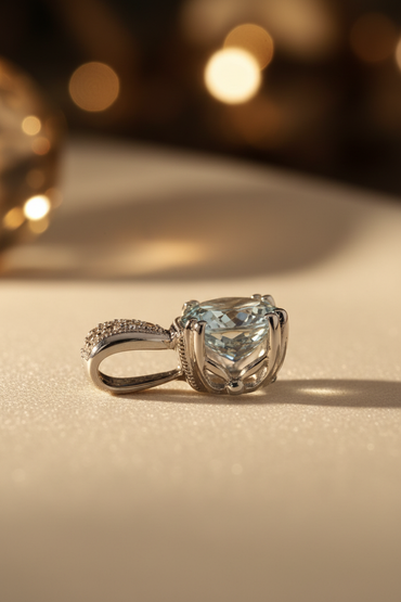 14K White Gold Round Aquamarine & Diamond Pendant - editorial side