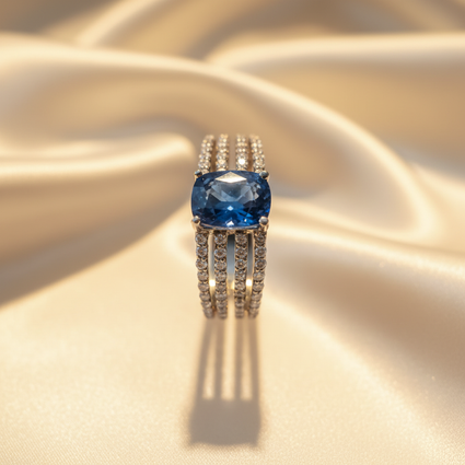 14K White Gold Cushion-Cut Blue Sapphire Ring with Four-Row Diamond Pavé Split Shank - Front View