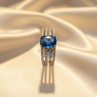 14K White Gold Cushion-Cut Blue Sapphire Ring with Four-Row Diamond Pavé Split Shank - Front View