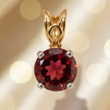 14K two-tone gold round garnet pendant front view