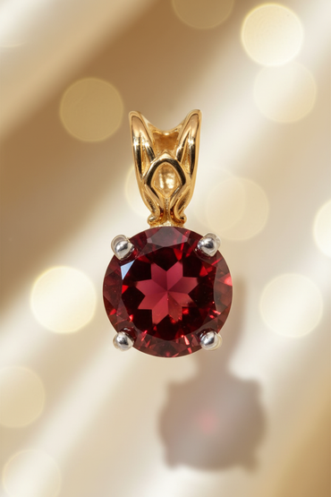 14K two-tone gold round garnet pendant front view