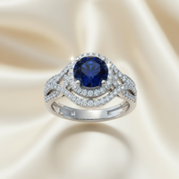 14K White Gold 1.7ct Blue Sapphire Double Swirl Halo Diamond Ring — Front View