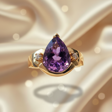 14K Yellow Gold Pear Amethyst Diamond Crescent Bypass Ring — Front View