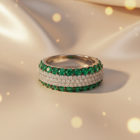 14K White Gold Emerald & Diamond Wide Dome Band - editorial elevated front
