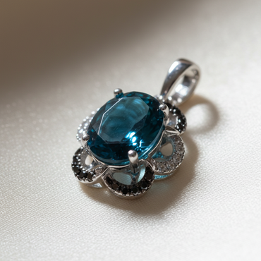 14K White Gold London Blue Topaz Black & White Diamond Halo Pendant - Macro View