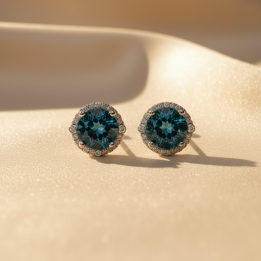 10K white gold London blue topaz and diamond halo stud earrings - editorial marketing image 1