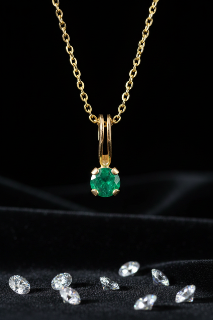 10K Yellow Gold Round Emerald Solitaire Pendant - Front Close-Up