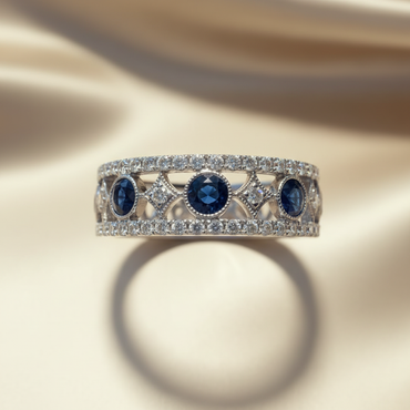 18K White Gold Oval Blue Sapphire & Diamond Art Deco Open Lattice Band Ring - Front View